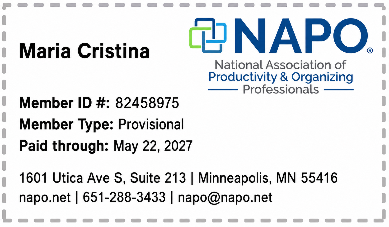 Certified Member of the National Association of Productivity & Organizing Professionals — Maria Cristina